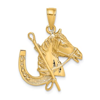 14k Yellow Gold Textured Horse Head with Shoe and Crop Pendant