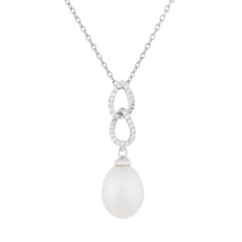 9-10mm White Cultured Freshwater Pearl Sterling Silver Pendant W/Chain