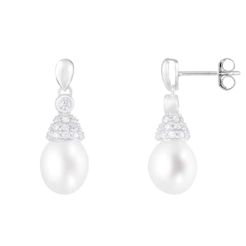 7.5-8mm White Cultured Freshwater Pearl Rhodium Over Sterling Silver Earrings