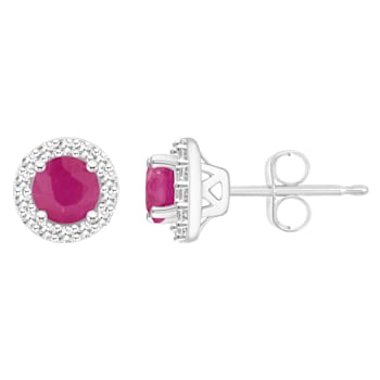 4mm Round Ruby 1/8 ctw Diamond Rhodium Over Sterling Silver Halo Stud Earrings