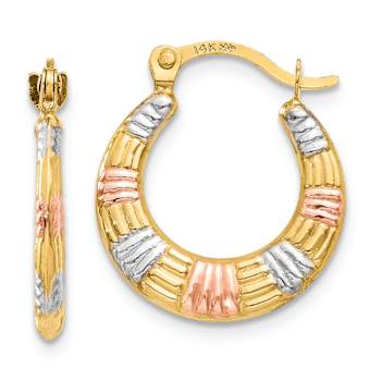 14k Yellow Gold and Rhodium Over 14k Yellow Gold Textured 5/8" Hoop Earrings