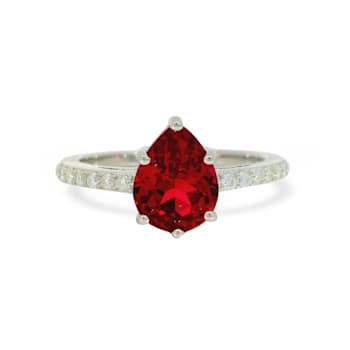 Red Lab Created Ruby with Moissanite Accents Sterling Silver Pear Shape
Teardrop Solitaire Ring