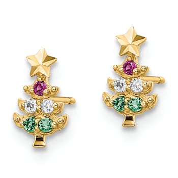 14K Yellow Gold Red and Clear Cubic Zirconia and Green Glass Christmas
Tree Post Earrings