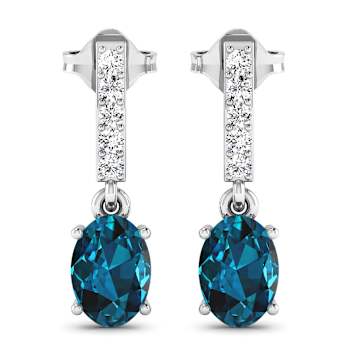 1.40ctw 14K White Gold London Blue Topaz  and White Diamond Halo Earrings
