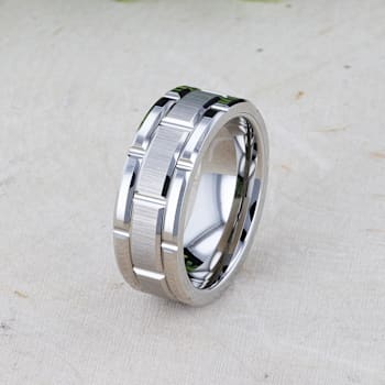 WARWICK Beveled Tungsten Carbide Wedding Band with Brush Finished Center
and Alternating Grooves 8mm