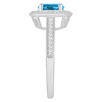 7mm Round Blue Topaz 1/5 ctw Diamond Rhodium Over Sterling Silver Halo Ring