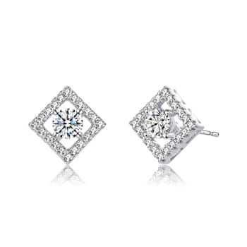 CZ Halo Stud Earrings In White Rhodium Over Brass