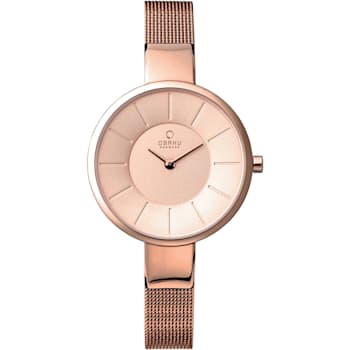 Obaku Women's Denmark Rose Dial Rose Stainless Steel Mesh Band Watch