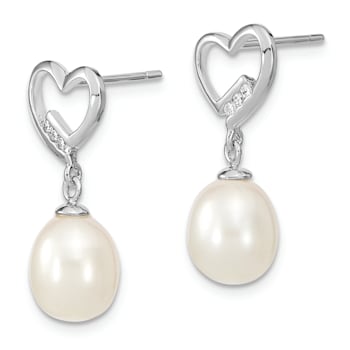 Rhodium Over Sterling Silver 7-8mm Rice Freshwater Cultured Pearl Cubic
Zirconia Heart Earrings