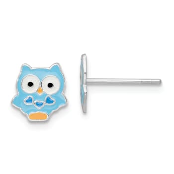 Rhodium Over Sterling Silver Enamel Blue Owl Children's Post Earrings