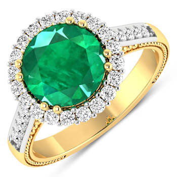 Round Green Emerald and Diamond 14K Yellow Gold Halo Ring 3.29 ctw
