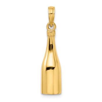 14k Yellow Gold Polished 3D Black Enameled Champagne Bottle Pendant