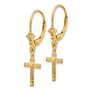 14k Yellow Gold Mini Cross with Heart Dangle Earrings