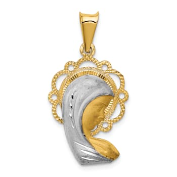 14k Yellow Gold and Rhodium Over 14k Yellow Gold Satin Diamond-Cut and
Polished Mary Pendant