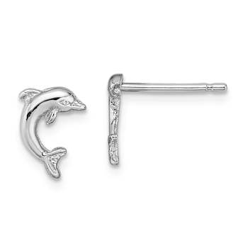 Rhodium Over 14k White Gold Mini Jumping Dolphin Stud Earrings