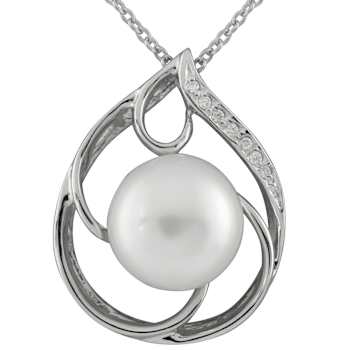 10-11mm Button White Cultured Freshwater Pearl and CZ Rhodium Over
Sterling Silver Pendant