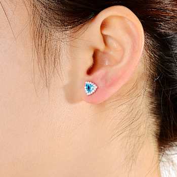 Blue Topaz Color CZ Triangle Stud Earrings In Sterling Silver