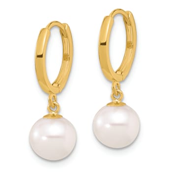 14K Yellow Gold 7-8mm Round Freshwater Cultured Pearl Dangle Hoop Earrings