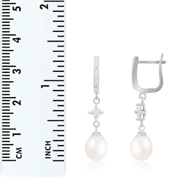 7-8mm White Cultured Freshwater Pearl and Cubic Zirconia Rhodium Over
Sterling Silver Earrings