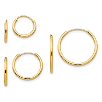 14K Yellow Gold Polished Endless Hoop 3 Pair Earring Set