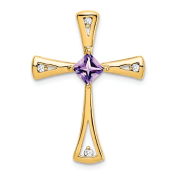 10k Yellow Gold 0.29 cttw Amethyst and Accent Diamond Cross Pendant