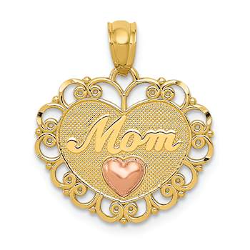 14K Two-tone Gold  Textured Mom in Heart Pendant