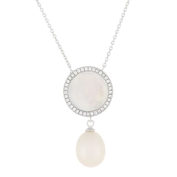 Cultured Pearl, Mother of Pearl and CZ Necklace in Sterling Silver