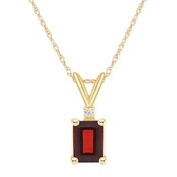 7x5mm Emerald Cut Garnet with Diamond Accent 14k Yellow Gold Pendant
With Chain