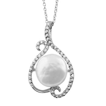 11-12mm Coin White Cultured Freshwater Pearl and CZ Rhodium Over
Sterling Silver Pendant