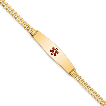 14k Yellow Gold Medical Soft Diamond Shape Red Enamel Flat Curb Link ID Bracelet