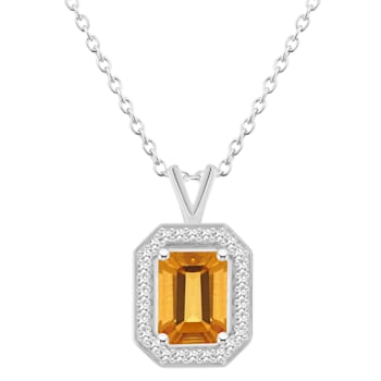 8x6mm Emerald Cut Citrine 1/7 ctw Diamond Rhodium Over Sterling Silver
Halo Pendant with Chain