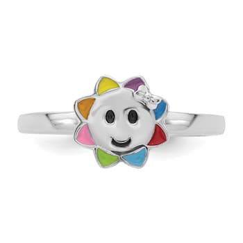 Rhodium Over Sterling Silver Multi-color Enameled Smiling Sun Children's Ring