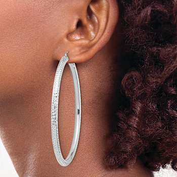 Rhodium Over 14k White Gold 2 7/8" Diamond-cut Tube Hoop Earrings