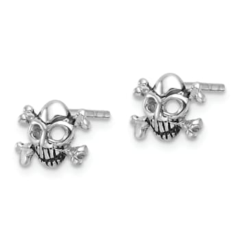 Rhodium Over Sterling Silver Antiqued Skull and Crossbones Post Earrings