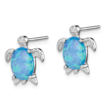 Rhodium Over Sterling Silver Lab Created Opal Polished Turtle Post Earrings