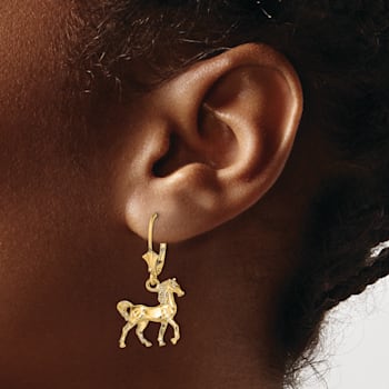 14k Yellow Gold 3D Polished and Textured Horse Dangle Earrings