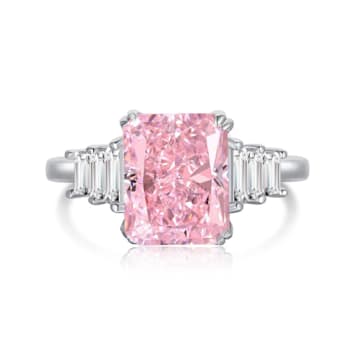 Radiant Cut Pink CZ and Baguette White Cubic Zirconia Sterling Silver Ring