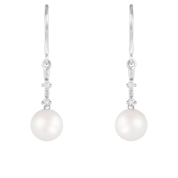 7-7.5mm Akoya Pearl with Diamond Accent 14K White Gold Dangle Earrings, 0.08ctw