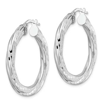 Rhodium Over Sterling Silver 3x33mm Diamond-Cut Twisted Tube Hoop Earrings