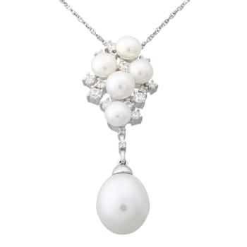 White Freshwater Pearl and Cubic Zirconia Sterling Silver Cluster Drop
Pendant with Chain