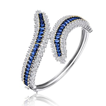Sapphire Color CZ Station Bangle Bracelet In Sterling Silver