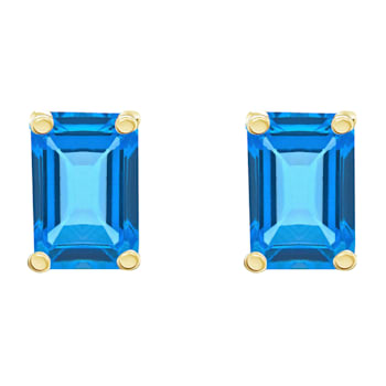 6x4mm Emerald Cut Blue Topaz 14k Yellow Gold Stud Earrings