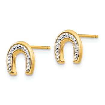 14K Two-tone Gold Polished and Rhodium Horseshoe Post Earrings