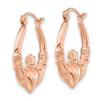 14k Rose Gold Polished 7/8" Claddagh Hoop Earrings