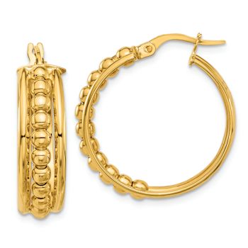 14k Yellow Gold 1" Polished and Beaded Hoop Earrings