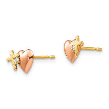 14k Two-tone Gold Children's Cubic Zirconia Heart and Cross Stud Earrings