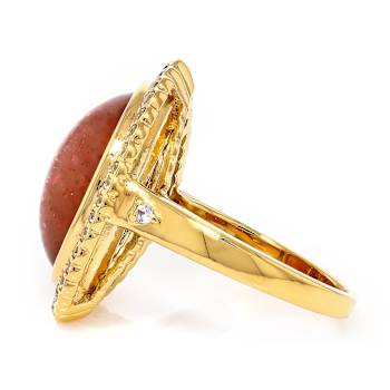 Orange Sunstone Oval And White Zircon Ring In 18K Gold Over Sterling
Silver 0.46ctw