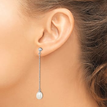 Rhodium Over Sterling Silver 7-8mm White Freshwater Cultured Pearl Post
Dangle Earrings