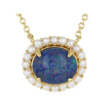 Australian Opal Triplet And Cultured Seed Pearl Station Necklace In 18K
Gold Over Sterling Silver