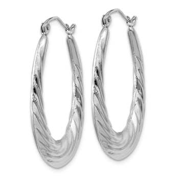 Rhodium Over 14k White Gold 1 1/4" Polished and Textured Oval Hoop Earrings